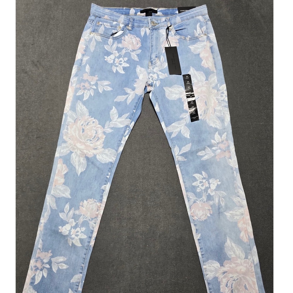 Forever 21 Men Denim Floral Print Skinny Jeans Blue‎ Pink Size 33x30 NWT